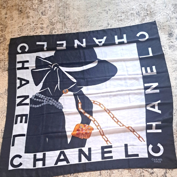 Vintage Chanel Blue and White Coco Siloutette Silk Scarf - Picture 1 of 8
